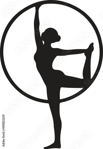Black silhouette of a female gymnast performing with a hoop.