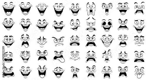 A collection of black and white cartoon faces showing a wide range of human emotions and expressions.