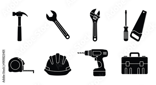 Collection of black construction and repair tool icons on white background