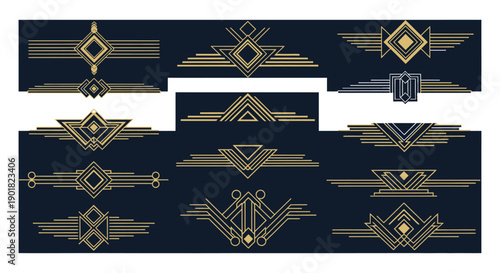 Elegant Art Deco design elements and dividers featuring geometric patterns in gold on a dark background, perfect for vintage-themed projects.