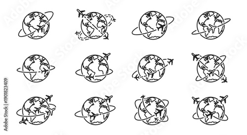 A collection of line art icons depicting airplanes flying around the globe, symbolizing global travel and international flights.