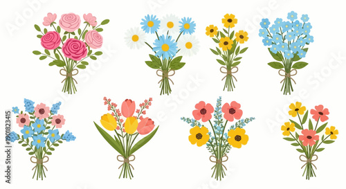 A collection of eight vibrant and diverse floral bouquets, each beautifully tied, showcasing various types and colors of fresh flowers.