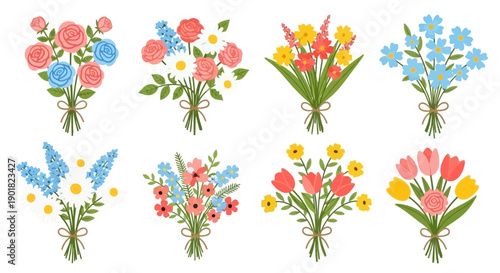 Eight charming bouquets of various colorful spring and summer flowers, tied with rustic string, presented on a clean white background.