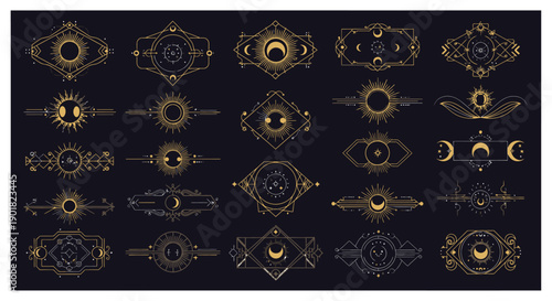 Collection of Celestial and Mystical Ornate Decorative Elements Featuring Suns, Moons, and Stars on a Dark Background.
