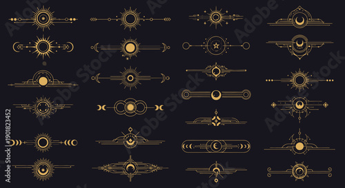 A collection of ornate golden celestial dividers and borders with sun and moon motifs on a dark background.