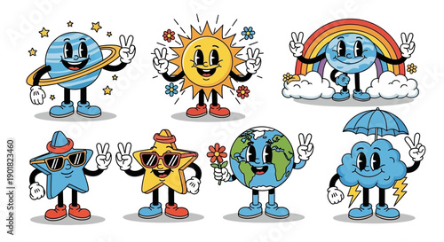 Retro cartoon characters of planets, sun, rainbow, stars, earth, and cloud making peace signs.