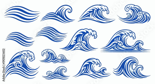 A collection of blue ocean wave illustrations in various styles, depicting water movement and powerful sea elements.