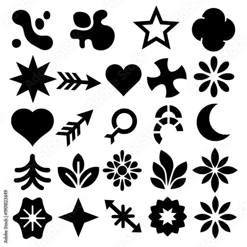 Black Silhouette Icon Set with Hearts, Stars, Arrows and Floral Shapes