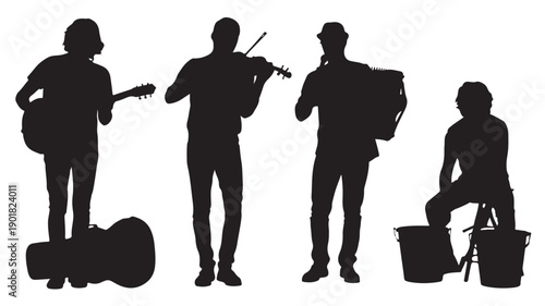 Silhouette Of Four Musicians Playing Instruments In Vector Illustration For Music Concept