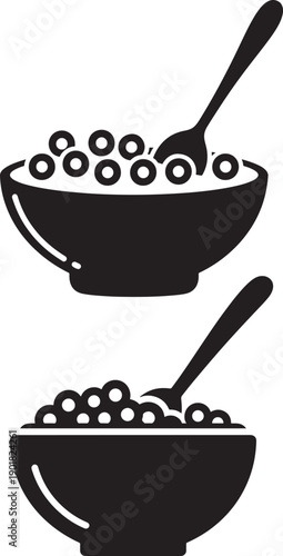 Two black bowls of cereal with spoons in silhouette style