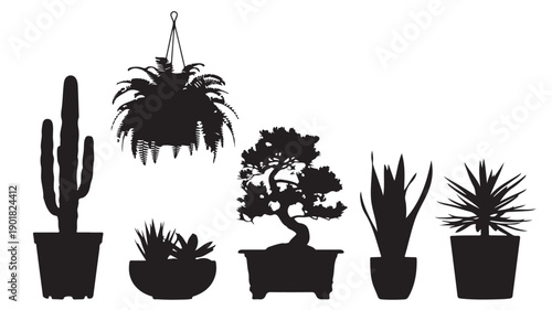 Vector Illustration Of Various Potted Plants Silhouettes For Gardening And Interior Design Concept