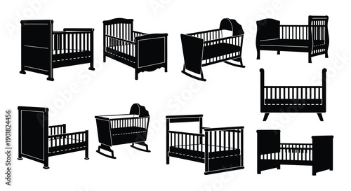 Black and white silhouettes of various baby crib designs