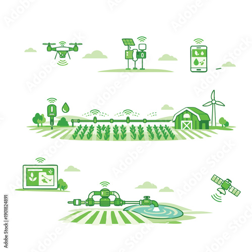 Smart Farming Technology Vector Illustration Set