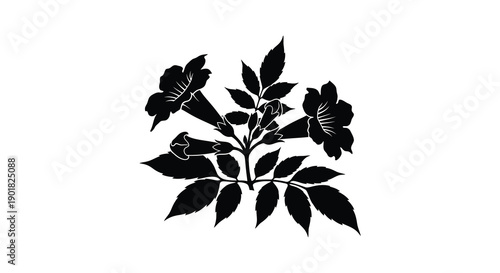 A stark black and white illustration depicts a cluster of trumpet shaped flowers and lush foliage high quality professional detailed modern