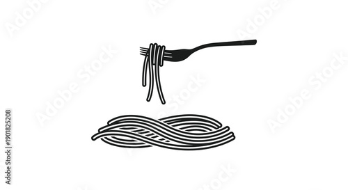 A simple black and white illustration depicts a fork lifting spaghetti from a swirling pile of pasta