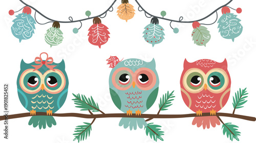 Cute Christmas owls isolated on white background, festive holiday cartoon owl characters vector illustration