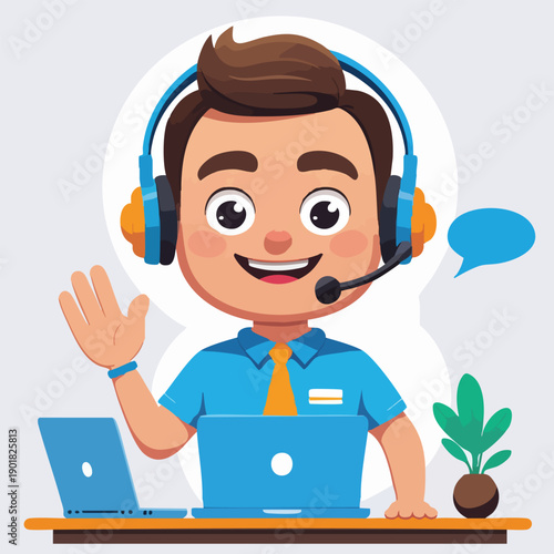 Cartoon Style Smiling Shopkeeper Working at Checkout Counter Illustration