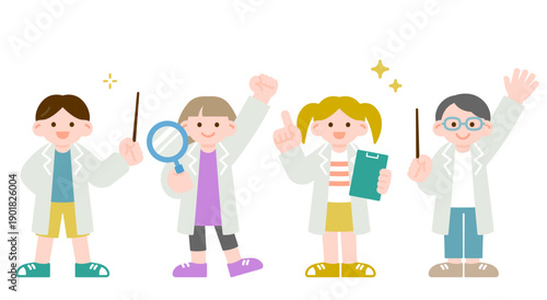 研究や科学の楽しさを伝える白衣を着た子供たち