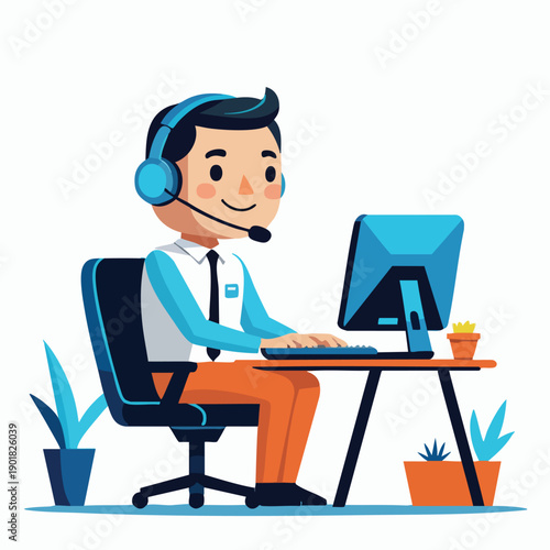 Cartoon Style Smiling Shopkeeper Working at Checkout Counter Illustration