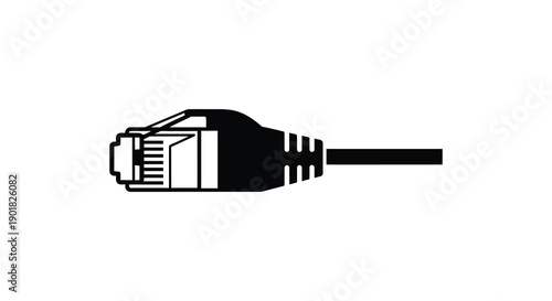 A black and white illustration depicts a rj45 ethernet cable connector commonly used for network connections high quality