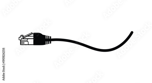 A black and white illustration depicts a single rj45 ethernet cable connector and cord on white high quality