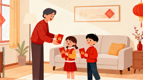 A happy cartoon family smiling together with parents and children in their home kitchen