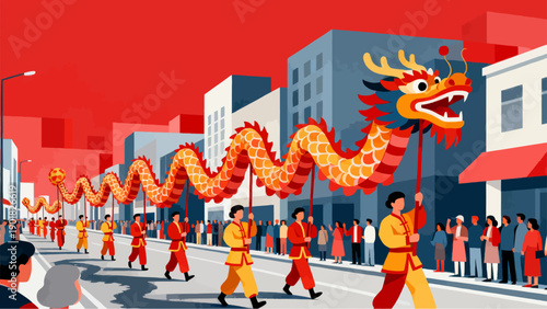 A colorful vector illustration of a diverse group of business people walking together on a busy city street