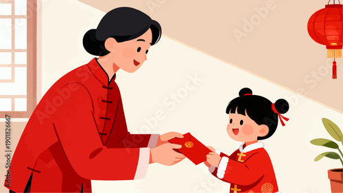 Cartoon vector illustration of a smiling husband and wife with their son giving a gift together during Chinese New Year