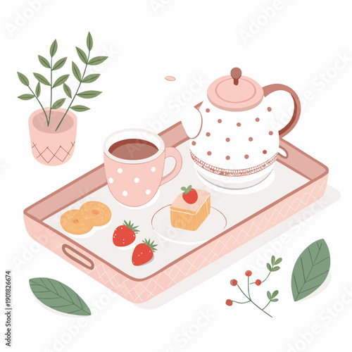 A serene breakfast scene featuring tea and cake on a tray, surrounded by plants and leaves from a high viewpoint.
