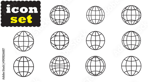 Wireframe Sphere Globe Model Icon Set, Editable Solid Vector Illustration