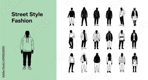 Collection of black and white street style fashion illustrations featuring diverse individuals wearing modern casual outerwear like hoodies jackets and winter coats for graphic design projects.