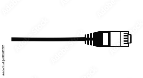A simplified black and white illustration depicts a standard rj45 ethernet cable connector on white high quality professional