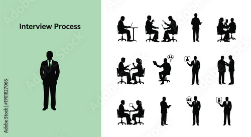 Interview process silhouette set showing job interview hiring and professional meeting concept