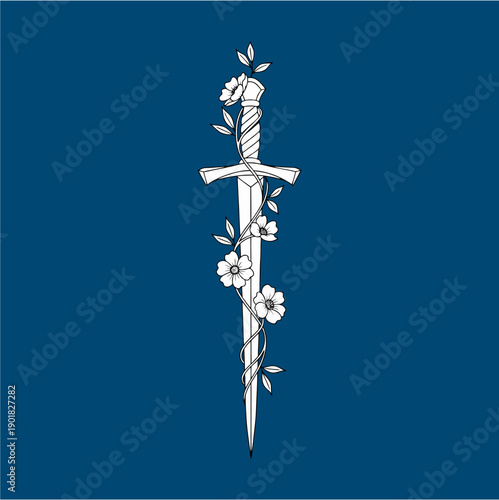 Clean Minimalist Line Art Tattoo Design of a Sword Wrapped in Flower Vines and Leaves on White Background