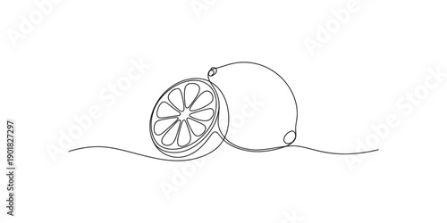 Continuous one line drawing of a lemon and a slice of lime resting on a surface