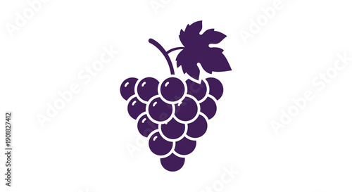 A simple graphic illustration depicts a bunch of dark purple grapes with a single green leaf isolated on white
