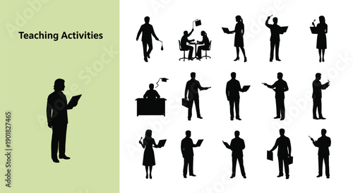 Collection of black silhouette icons depicting various teaching activities including lecturing presenting and student interactions within an educational setting illustration