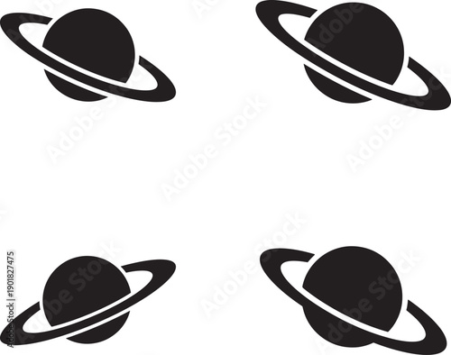 Four black silhouette icons of saturn planet with rings