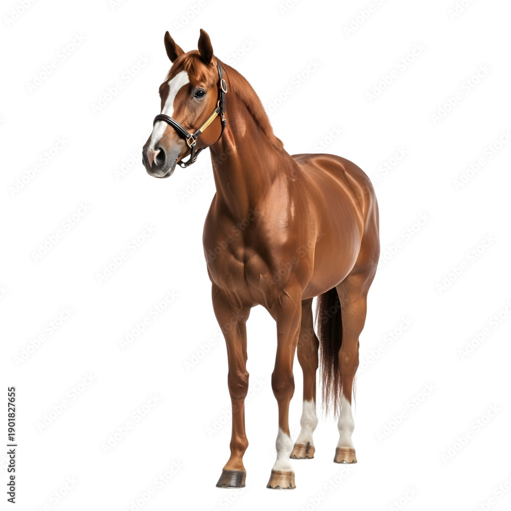 Obraz premium Majestic chestnut horse wearing leather halter isolated on white background