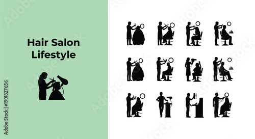 Collection of black silhouette icons depicting various hair salon activities including cutting styling drying and barber services presented