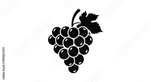 A simple black and white illustration depicts a cluster of grapes with a single leaf attached to the stem