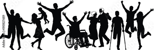 Diverse group of people of varying ages and abilities celebrating together with energetic jumps and raised arms in silhouette
