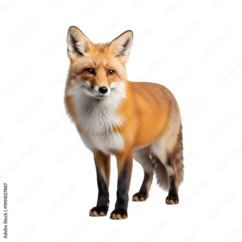 Fototapeta premium Portrait of a beautiful red fox standing isolated on white background
