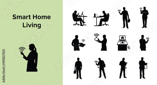Collection of black silhouette icons representing various people interacting with smart home technology and wireless signals in different professional and personal settings