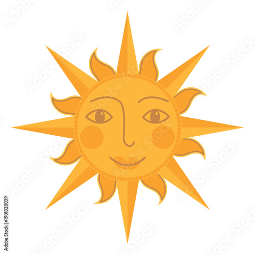 Happy smiling sun. Sunlight emoji. Children's drawing. Vector illustration.