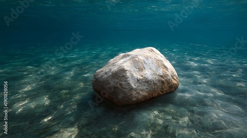 A single large rock rests on the clear blue seabed illuminated by d d sunlight filtering through the water
