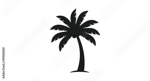 A simple black silhouette depicts a mature palm tree with a full crown of fronds against a white background