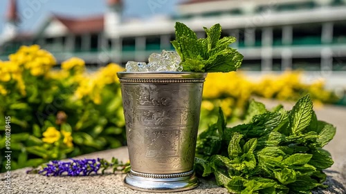 Refreshing Mint Julep with Fresh Mint and Crushed Ice in an Engraved Silver Cup Outdoors.