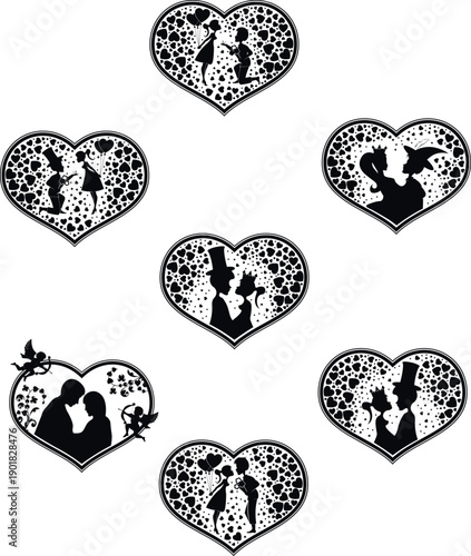 Decorative Heart Ornaments with Romantic Silhouettes of Couples
