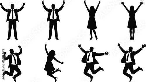 Energetic silhouettes of business people jumping and celebrating achievements with arms raised in victory